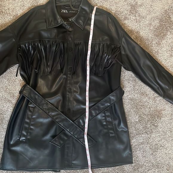 Zara Jackets & Blazers - Zara Black faux leather fringe jacket with Collar, buttons & belt 🧥